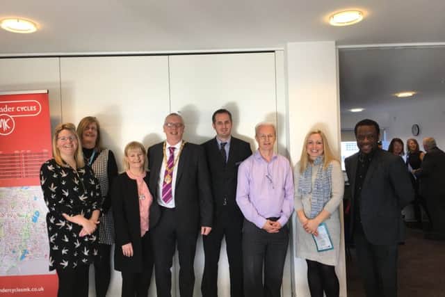 From left to right: Emma Stace of Pre School Learning Alliance; Lynne Johnson of Pre School Learning Alliance; Lady Mayoress; Mayor of Milton Keynes Councillor Steve Coventry; Matt Croxon of eVolve Your Future; Stephen Norrish of Milton Keynes Christian Foundation; Ruth Roan of Building Business; and John Downie of SABA.