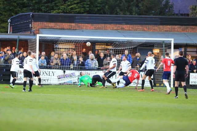 Jack Bowen, pictured scoring for AFC Rushden & Diamonds in last seasons Southern League Division One Central play-off semi-final win at Royston Town, has returned to the club on loan from Brackley Town
