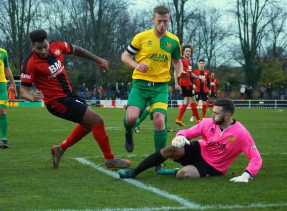 Liam Gootch denies Rene Howe during Kettering Town's 0-0 draw at Hitchin Town earlier this season. Gootch is set to play for the Poppies today after joining on loan from Luton Town
