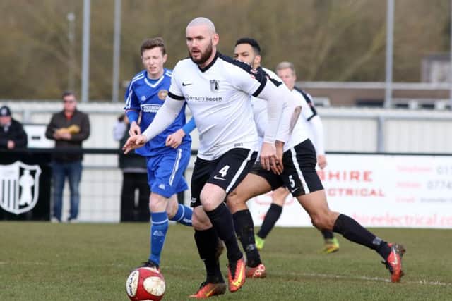 Corby Town assistant-manager David Bell in action during Saturday's 3-0 win over Skelmersdale United