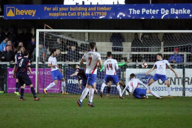 Steven Tames scores Witton Albion's opening goal in their 2-0 win at AFC Rushden & Diamonds last night. Picture by Alison Bagley