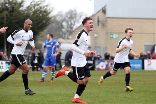 Joe Iaciofano celebrates his second goal during Corby Town's 5-1 victory over Sutton Coldfield Town at Steel Park. Pictures by Alison Bagley