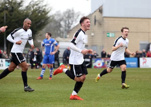 Joe Iaciofano celebrates his second goal during Corby Town's 5-1 victory over Sutton Coldfield Town at Steel Park. Pictures by Alison Bagley
