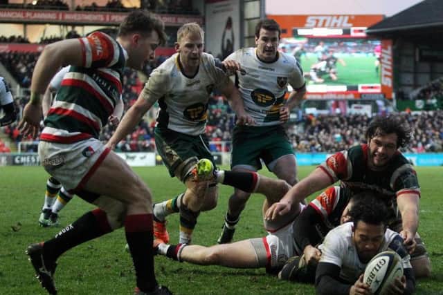 Nafi Tuitavake's first Saints try came at Welford Road in January (picture: Sharon Lucey)