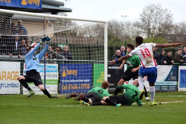 Nabil Shariff fires home AFC Rushden & Diamonds' winner in their 2-1 success over Leek Town at the Dog & Duck. Pictures by Alison Bagley