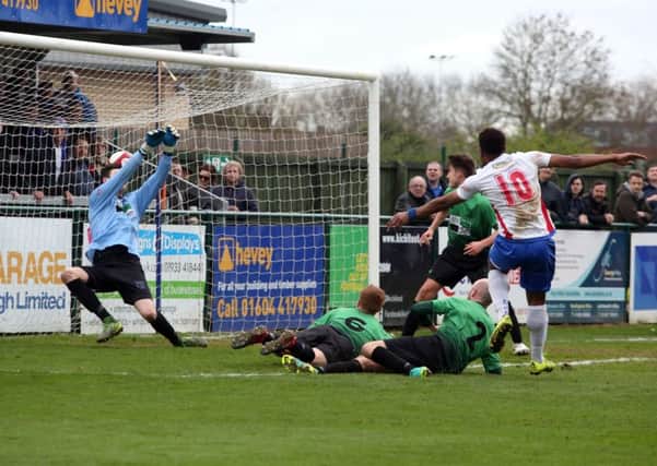 Nabil Shariff fires home AFC Rushden & Diamonds' winner in their 2-1 success over Leek Town at the Dog & Duck. Pictures by Alison Bagley