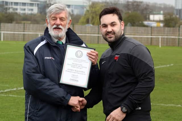 Whitworth manager James Mallows was presented with the United Counties League Division One manager of the month award for February by league chairman John Weeks ahead of their win over Lutterworth