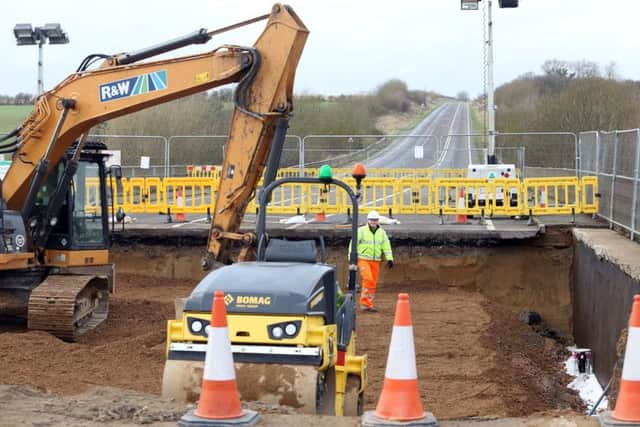 A6 Closure: Between Rothwell and Desborough, The safety of the road bridge over the River Ise has been compromised due to the foundations on the approach to the bridge proper being undermined. The compacted material used to build the foundations have shifted and surveys showed that there were voids and cracks within them. Northamptonshire Highways are digging out the old material and then replacing it to form a solid base for the road surface. Thursday February 2nd 2017 NNL-170202-184617009