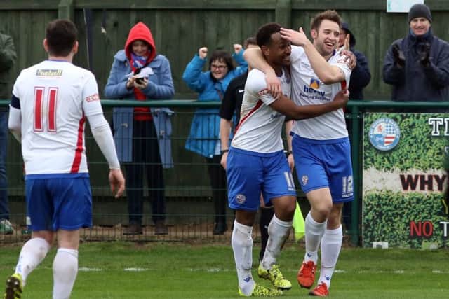 Nabil Shariff is congratulated by Tom Lorraine after he hit the late winner in AFC Rushden & Diamonds' 2-1 success over Leek Town last weekend