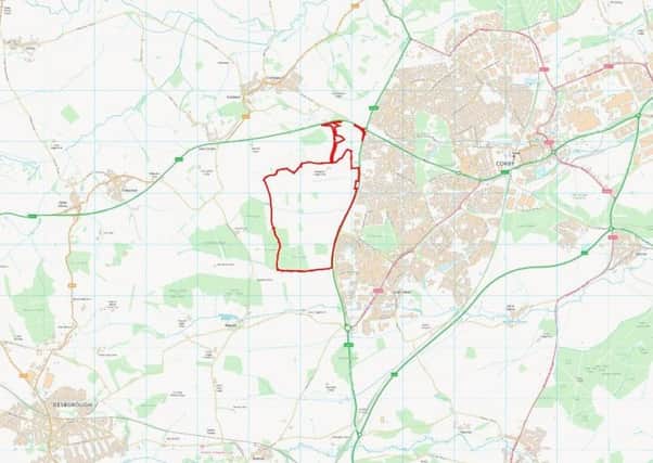 The red outline shows the size of the development, just to the west of Corby.