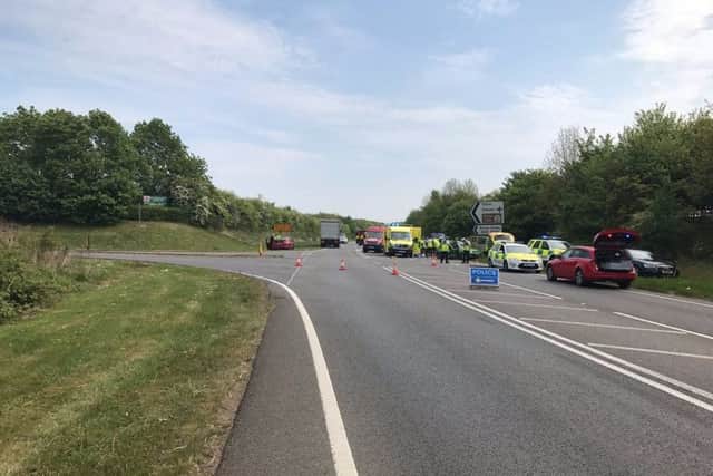 The scene of this morning's crash on the A605. Photo: @roadpoliceBCH