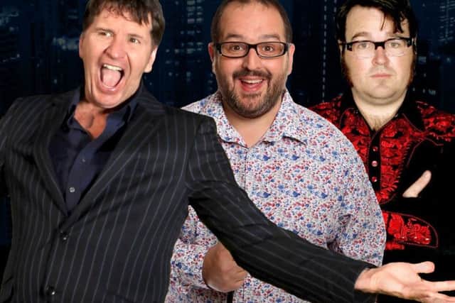 Stewart Francis, Justin Moorhouse and Jarred Christmas performing.