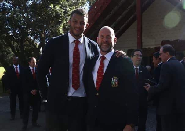 Courtney Lawes and Phil Pask pictured at the Maori meeting house in Waitangi