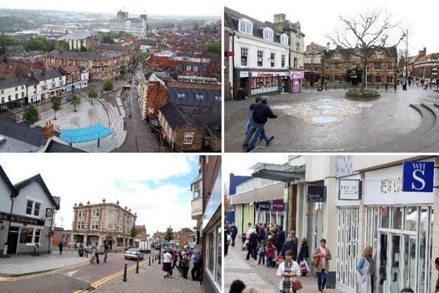 Town centres (clockwise, from top left) in Kettering, Wellingborough, Corby and Rushden. NNL-170408-165512005