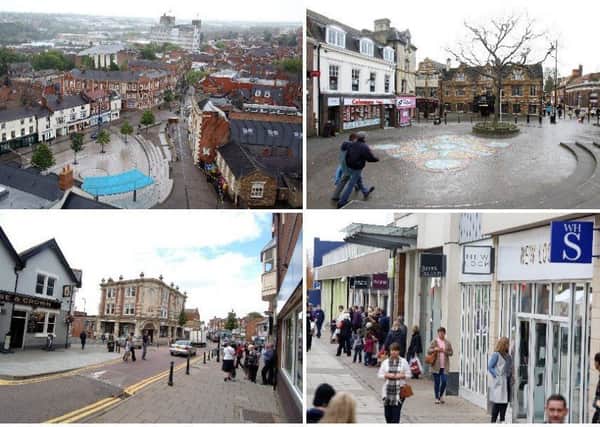 Town centres (clockwise, from top left) in Kettering, Wellingborough, Corby and Rushden. NNL-170408-165512005