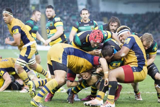 Jamal Ford-Robinson (second from right) faced Saints at Franklin's Gardens back in January (picture: Kirsty Edmonds)