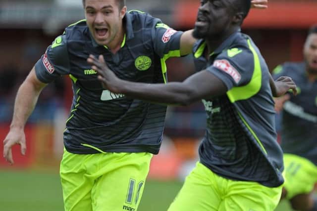Joel Gyasi celebrates after giving AFC Rushden & Diamonds the lead at Alfreton Town. Picture courtesy of B&O PRESS PHOTO
