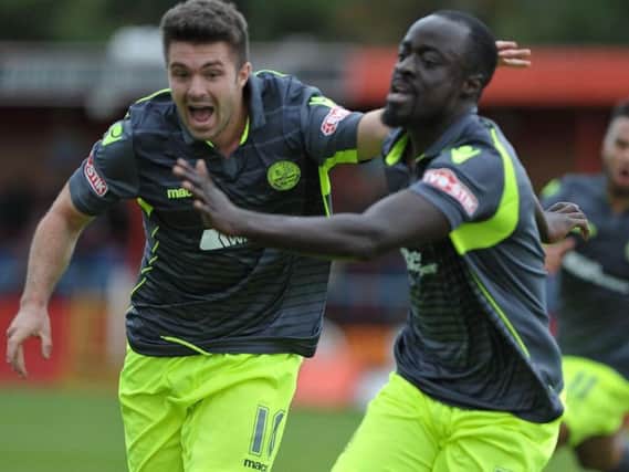 Joel Gyasi celebrates after giving AFC Rushden & Diamonds the lead at Alfreton Town. Picture courtesy of B&O PRESS PHOTO
