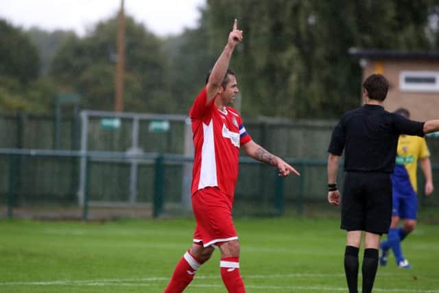 Jason Turner celebrates scoring a free-kick in Desborough Town's 6-4 win at Wellingborough Town in the Premier Division. Pictures by Alison Bagley