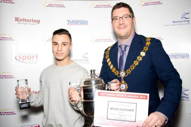 Kettering Sports Personality of the Year 2016, The Arthur Nicholson
Award Winner Myles Fletcher (Burton Park Amateur Boxing Club) - presented by The Mayor of Kettering Cllr Scott Edwards. NNL-170919-100634005