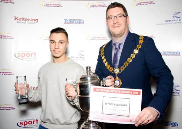 Kettering Sports Personality of the Year 2016, The Arthur Nicholson
Award Winner Myles Fletcher (Burton Park Amateur Boxing Club) - presented by The Mayor of Kettering Cllr Scott Edwards. NNL-170919-100634005