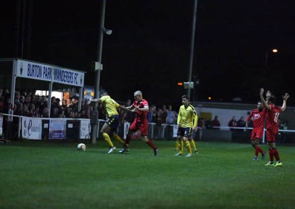 Football Action: Burton Latimer: Kettering Town FC vs Nantwich, 4th qualifying round of the FA Cup - replay at Latimer Park. 
Tuesday October 17th 2017 NNL-171017-224005009