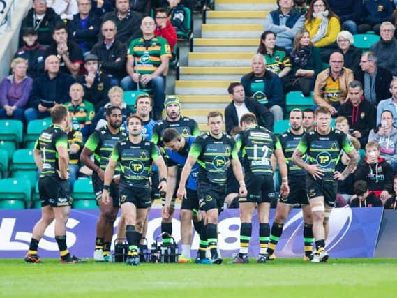 Teimana Harrison (right) shows his disappointment during Saints' defeat to Saracens (picture: Kirsty Edmonds)