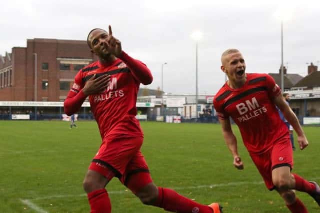 Aaron O'Connor and Lindon Meikle celebrate after the former brought Kettering level at 2-2 before they were eventually beaten 3-2 at Leek Town at the weekend