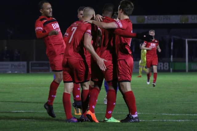 Kettering Town celebrate Aaron O'Connor's opening goal in last night's 2-0 success at Bishop's Stortford. Picture by Peter Short