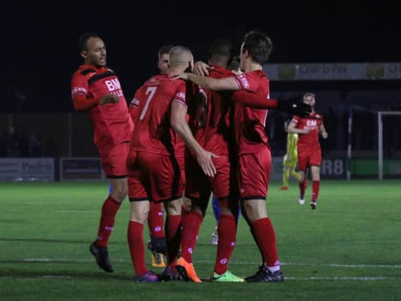 Kettering Town celebrate Aaron O'Connor's opening goal in last night's 2-0 success at Bishop's Stortford. Picture by Peter Short
