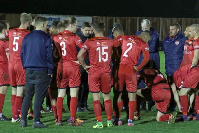 Marcus Law addresses his Kettering Town squad following their 2-0 win over Bishop's Stortford on Tuesday night. Picture by Peter Short