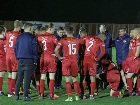 Marcus Law addresses his Kettering Town squad following their 2-0 win over Bishop's Stortford on Tuesday night. Picture by Peter Short
