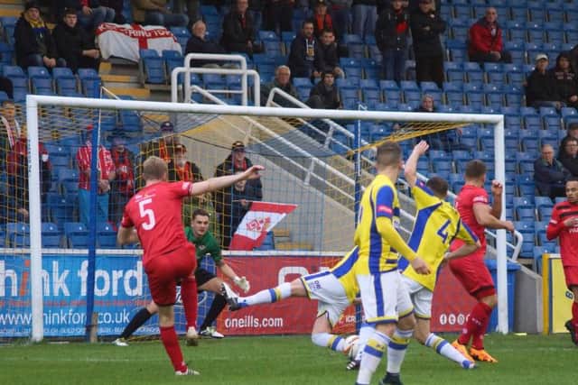 Gary Mulligan scored his first goal of the season for Kettering Town in the win at Farnborough but also suffered a hamstring injury. Picture by Peter Short