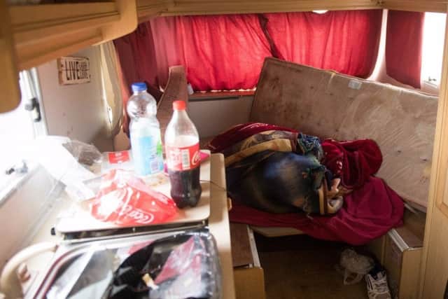Inside one of the caravans